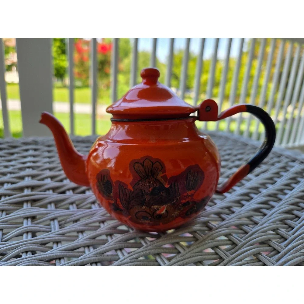 Vtg EMO Celje Yugoslavia Orange Enamelware Mini Teapot Owl Graphic Hinged Lid